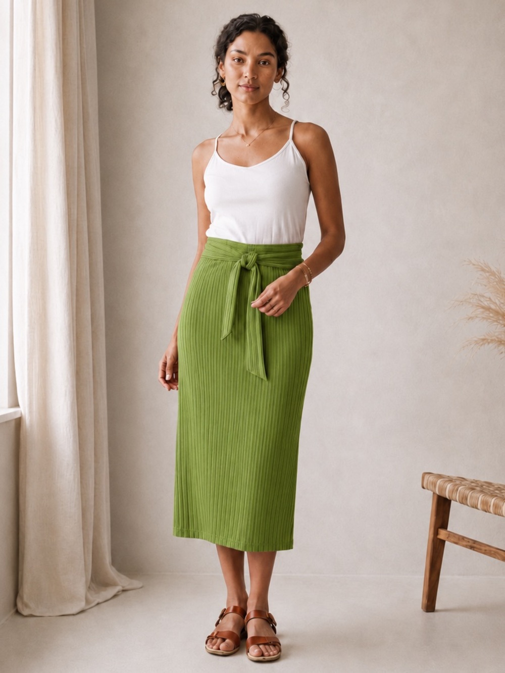 Amour Vert Ribbed Midi Skirt Pear Green Sustainable Modal Stretch, Size S NWOT
